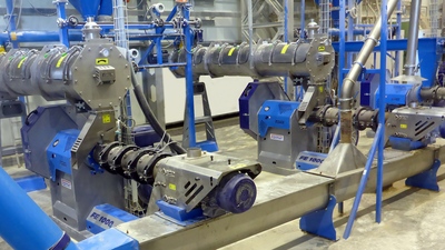 Extrusion of compound feed at a capacity 150t per day.